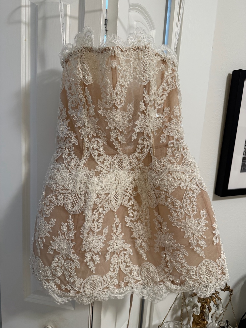 Strapless Mini Dress with White Lace Overlay pearls